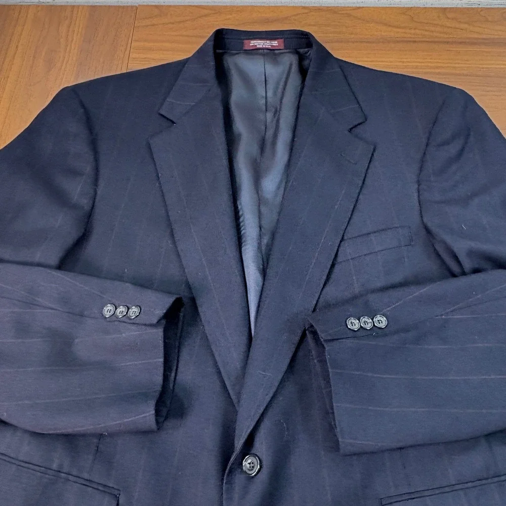 Evan-Picone Mens Navy Blue Pinstripe Pure Wool Blazer Sport Coat 46R Made in USA